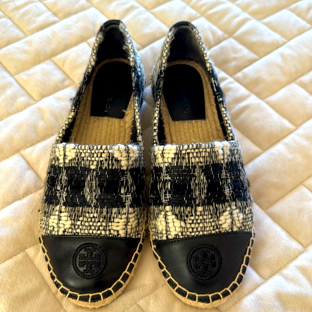 Tory Burch, black and white tweed ESPADRILLES, loafer